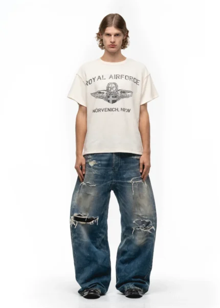 NO FAITH STUDIOS ROYAL AIR FORCE SUNFADE WAFFLE COTTON T-SHIRT CREME