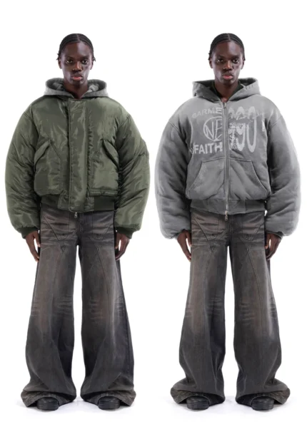 NO FAITH STUDIOS REVERSIBLE HOOD BOMBER JACKET GREEN